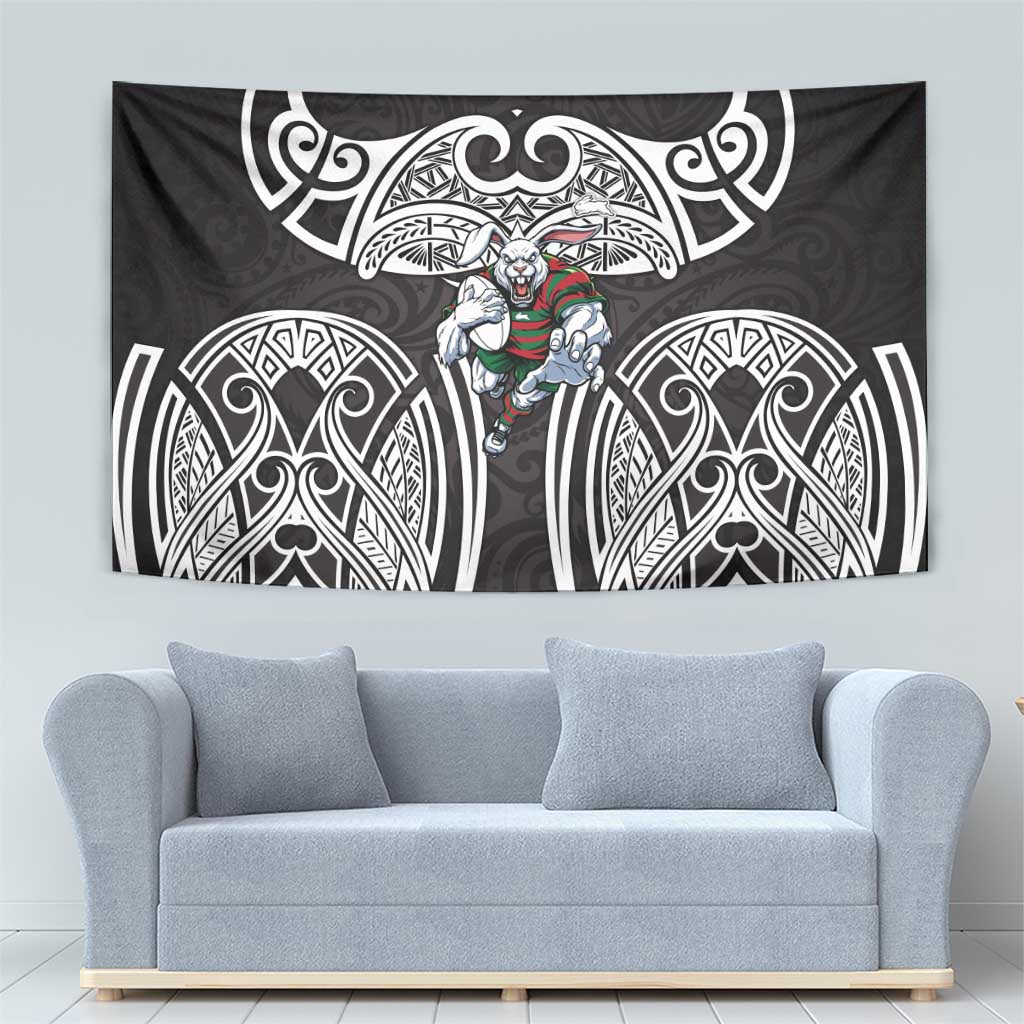 South Sydney Rabbitohs Rugby Tapestry Polynesian Tribal Rabbit Warrior Black White Pattern