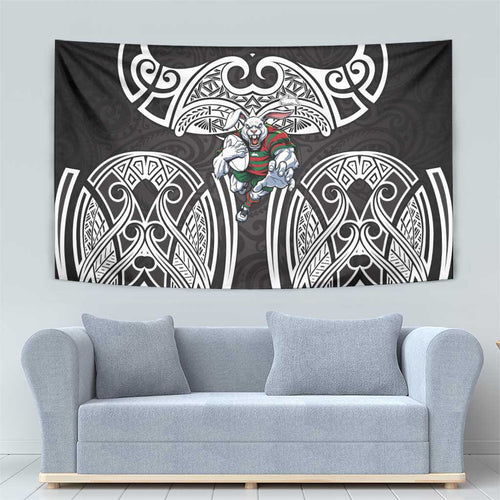 South Sydney Rabbitohs Rugby Tapestry Polynesian Tribal Rabbit Warrior Black White Pattern
