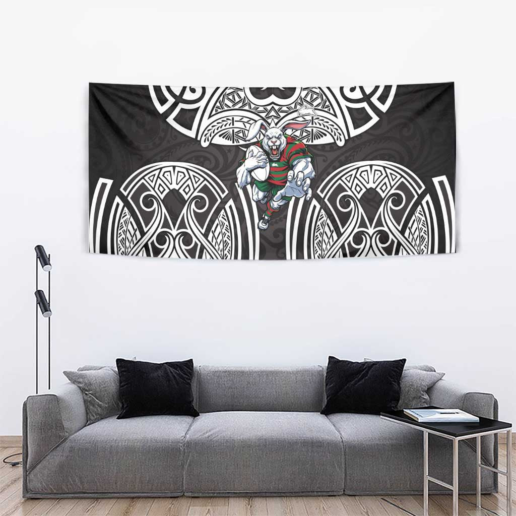South Sydney Rabbitohs Rugby Tapestry Polynesian Tribal Rabbit Warrior Black White Pattern