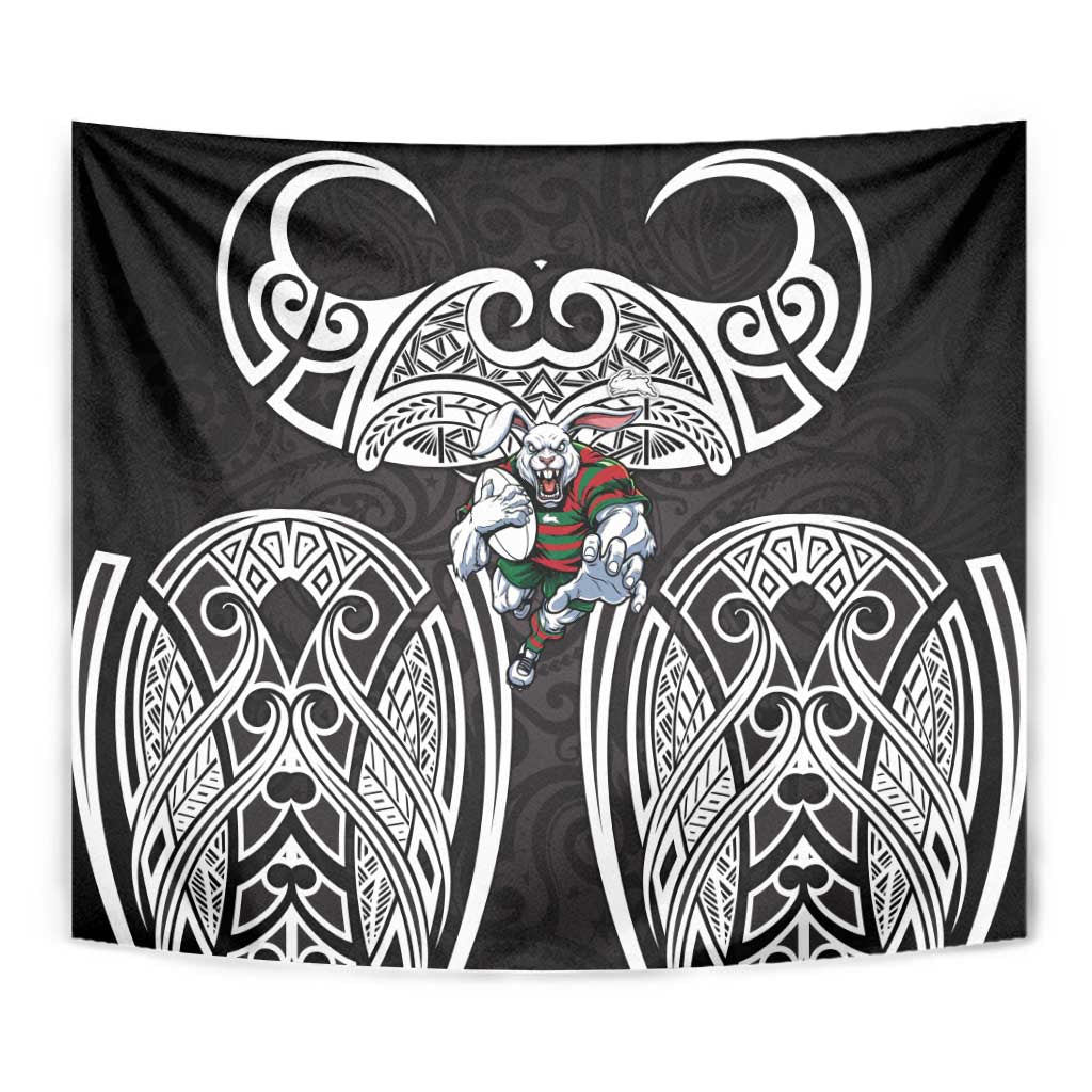 South Sydney Rabbitohs Rugby Tapestry Polynesian Tribal Rabbit Warrior Black White Pattern
