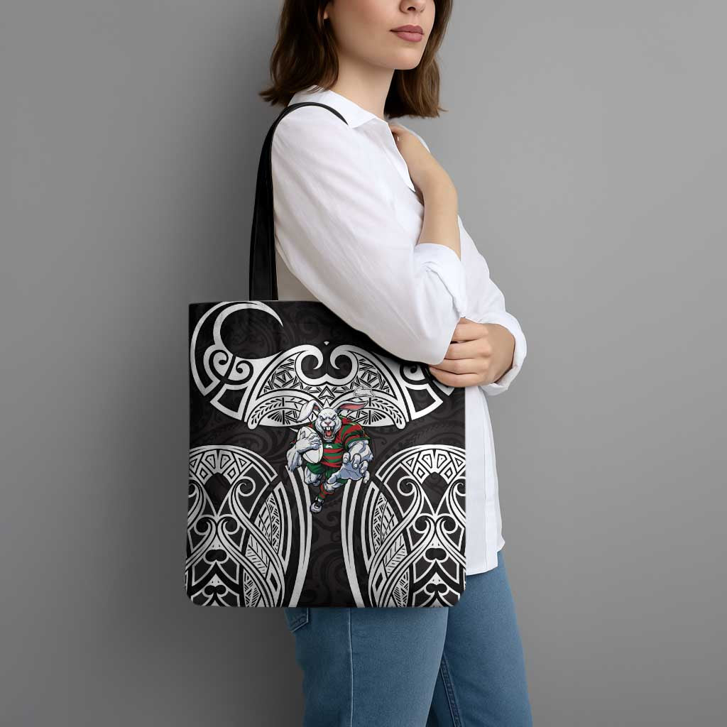 South Sydney Rabbitohs Rugby Tote Bag Polynesian Tribal Rabbit Warrior Black White Pattern