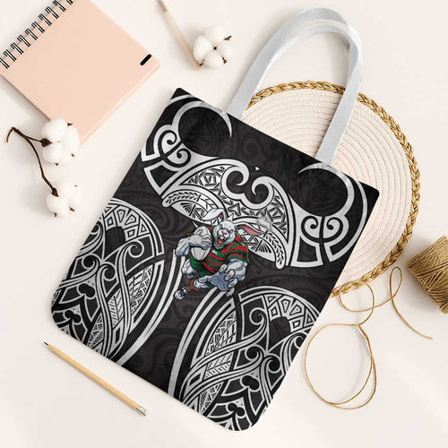 South Sydney Rabbitohs Rugby Tote Bag Polynesian Tribal Rabbit Warrior Black White Pattern