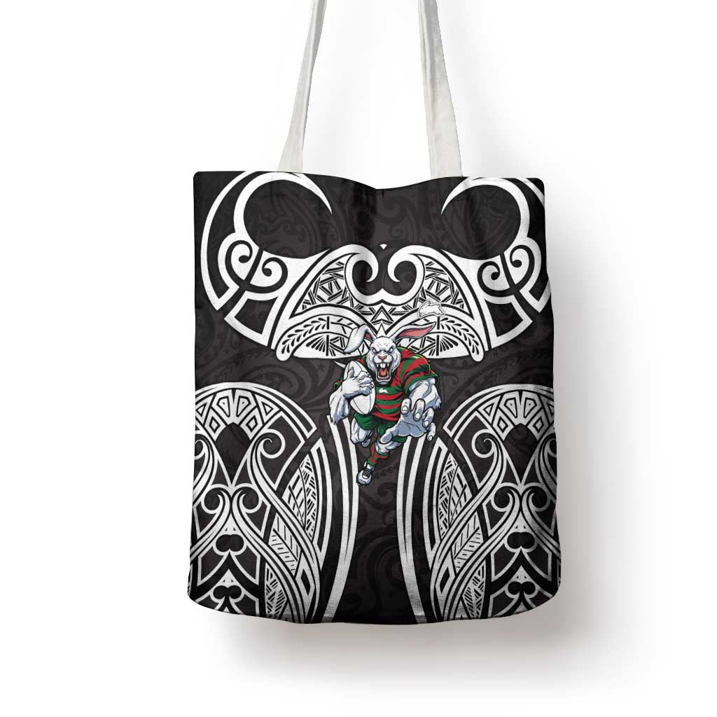 South Sydney Rabbitohs Rugby Tote Bag Polynesian Tribal Rabbit Warrior Black White Pattern