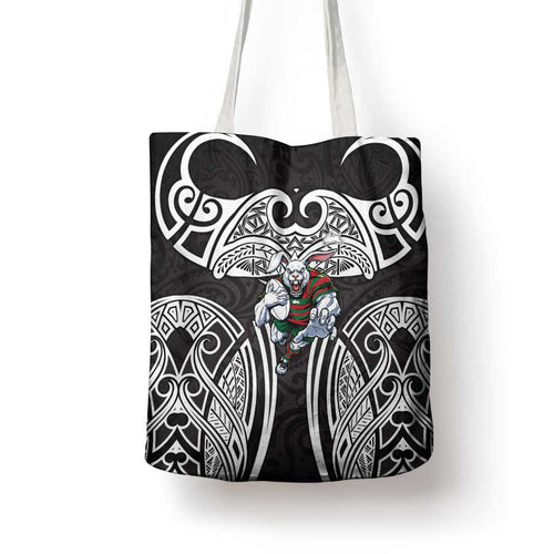 South Sydney Rabbitohs Rugby Tote Bag Polynesian Tribal Rabbit Warrior Black White Pattern