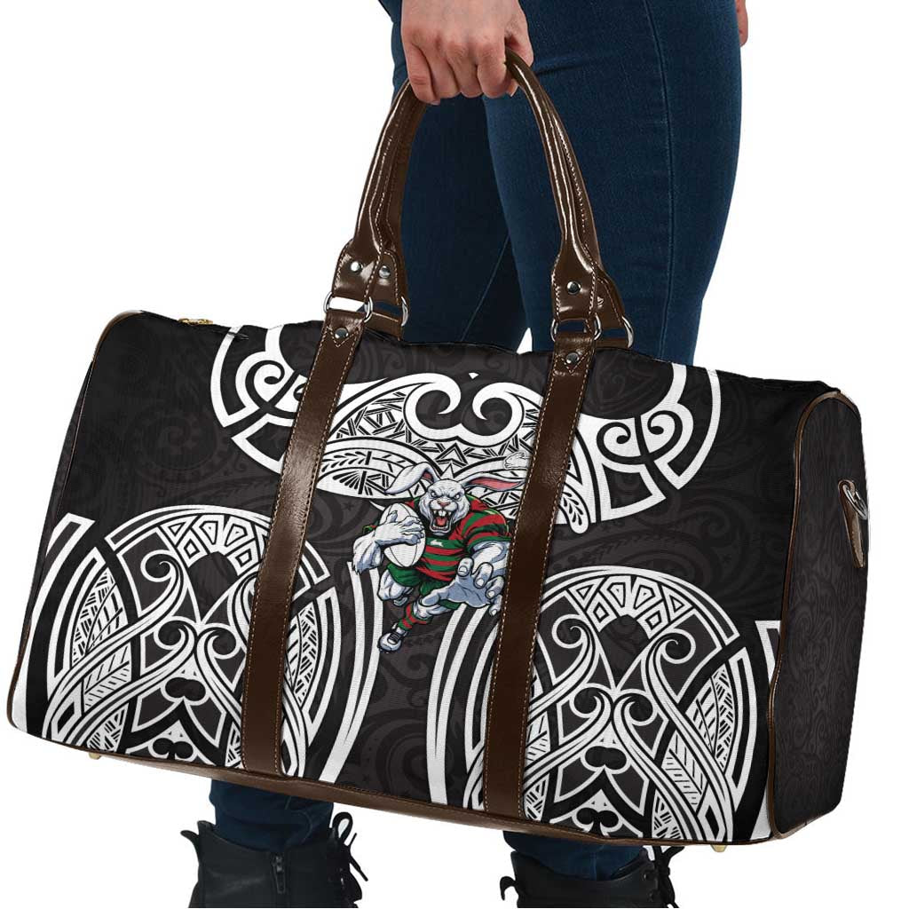 South Sydney Rabbitohs Rugby Travel Bag Polynesian Tribal Rabbit Warrior Black White Pattern