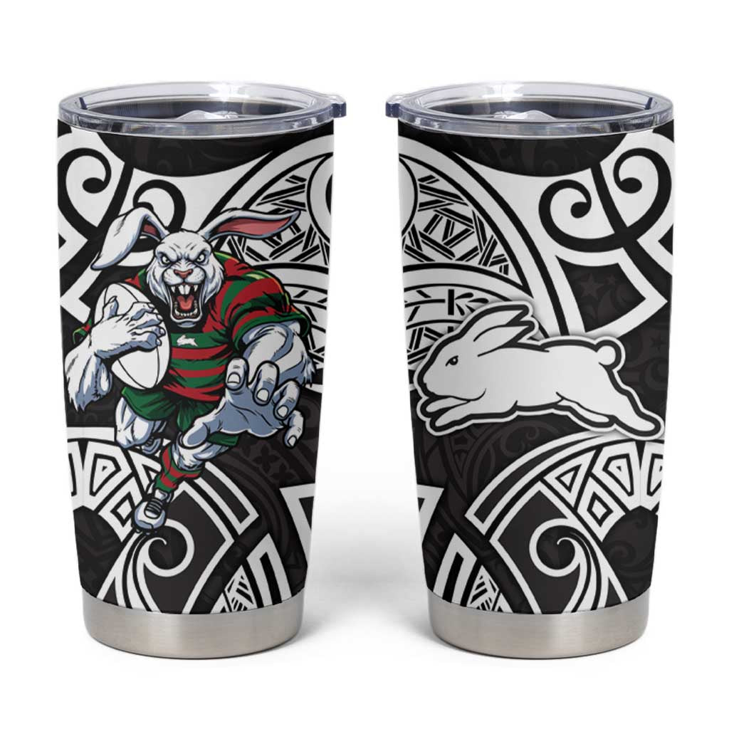 South Sydney Rabbitohs Rugby Tumbler Cup Polynesian Tribal Rabbit Warrior Black White Pattern