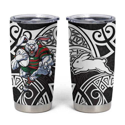 South Sydney Rabbitohs Rugby Tumbler Cup Polynesian Tribal Rabbit Warrior Black White Pattern