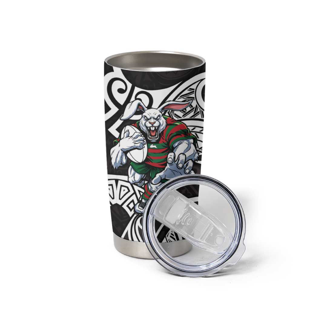 South Sydney Rabbitohs Rugby Tumbler Cup Polynesian Tribal Rabbit Warrior Black White Pattern