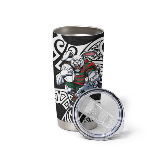 South Sydney Rabbitohs Rugby Tumbler Cup Polynesian Tribal Rabbit Warrior Black White Pattern