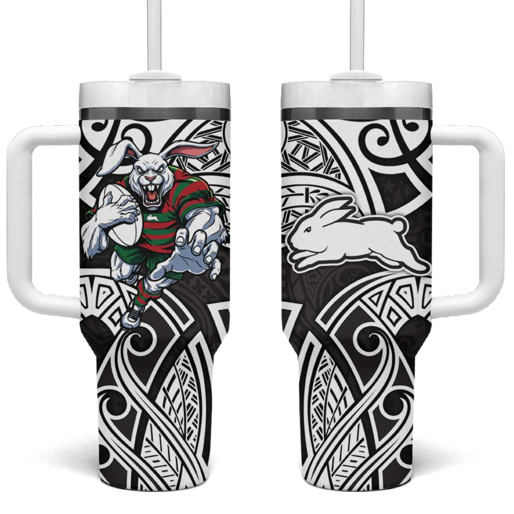 South Sydney Rabbitohs Rugby Tumbler With Handle Polynesian Tribal Rabbit Warrior Black White Pattern