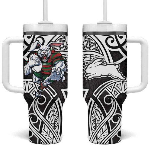 South Sydney Rabbitohs Rugby Tumbler With Handle Polynesian Tribal Rabbit Warrior Black White Pattern