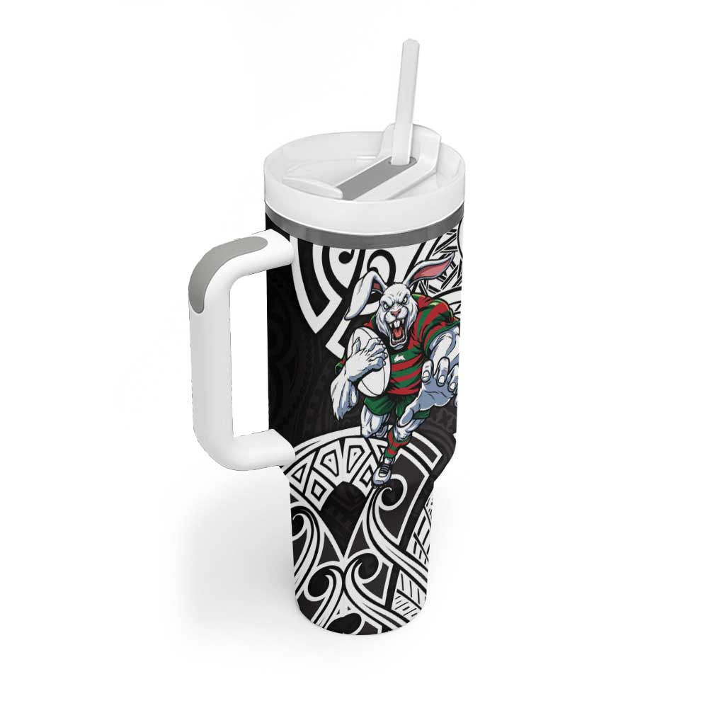 South Sydney Rabbitohs Rugby Tumbler With Handle Polynesian Tribal Rabbit Warrior Black White Pattern
