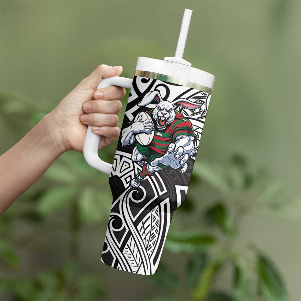 South Sydney Rabbitohs Rugby Tumbler With Handle Polynesian Tribal Rabbit Warrior Black White Pattern