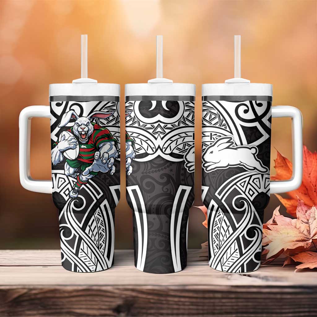South Sydney Rabbitohs Rugby Tumbler With Handle Polynesian Tribal Rabbit Warrior Black White Pattern