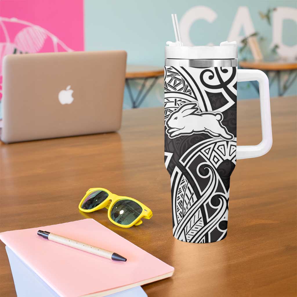 South Sydney Rabbitohs Rugby Tumbler With Handle Polynesian Tribal Rabbit Warrior Black White Pattern