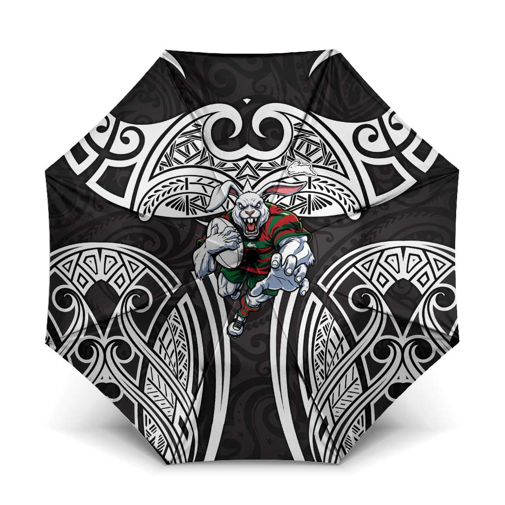 South Sydney Rabbitohs Rugby Umbrella Polynesian Tribal Rabbit Warrior Black White Pattern