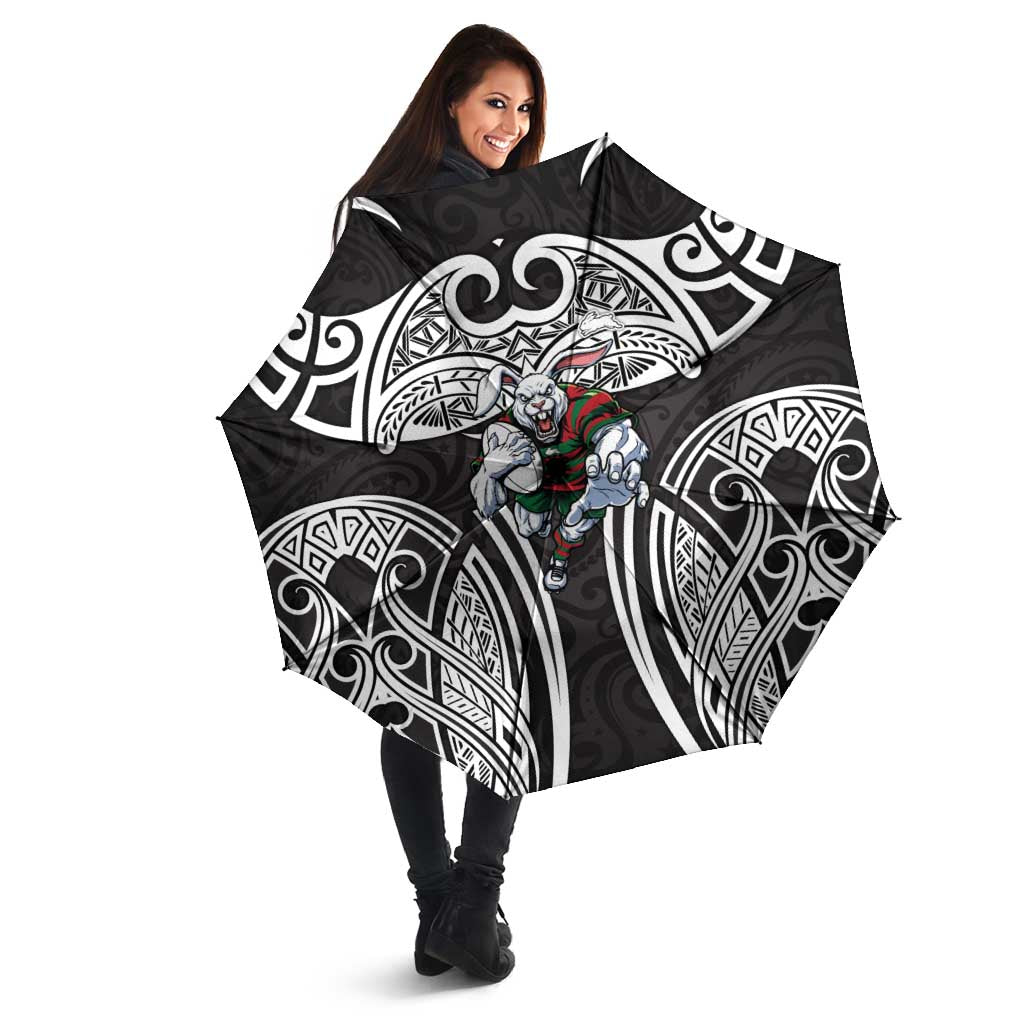 South Sydney Rabbitohs Rugby Umbrella Polynesian Tribal Rabbit Warrior Black White Pattern