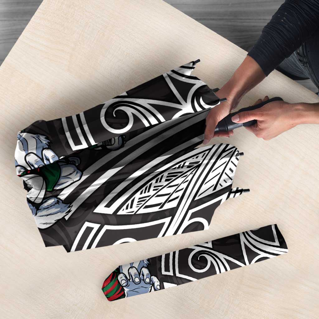 South Sydney Rabbitohs Rugby Umbrella Polynesian Tribal Rabbit Warrior Black White Pattern