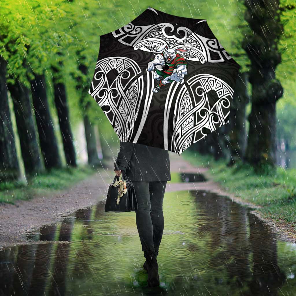 South Sydney Rabbitohs Rugby Umbrella Polynesian Tribal Rabbit Warrior Black White Pattern
