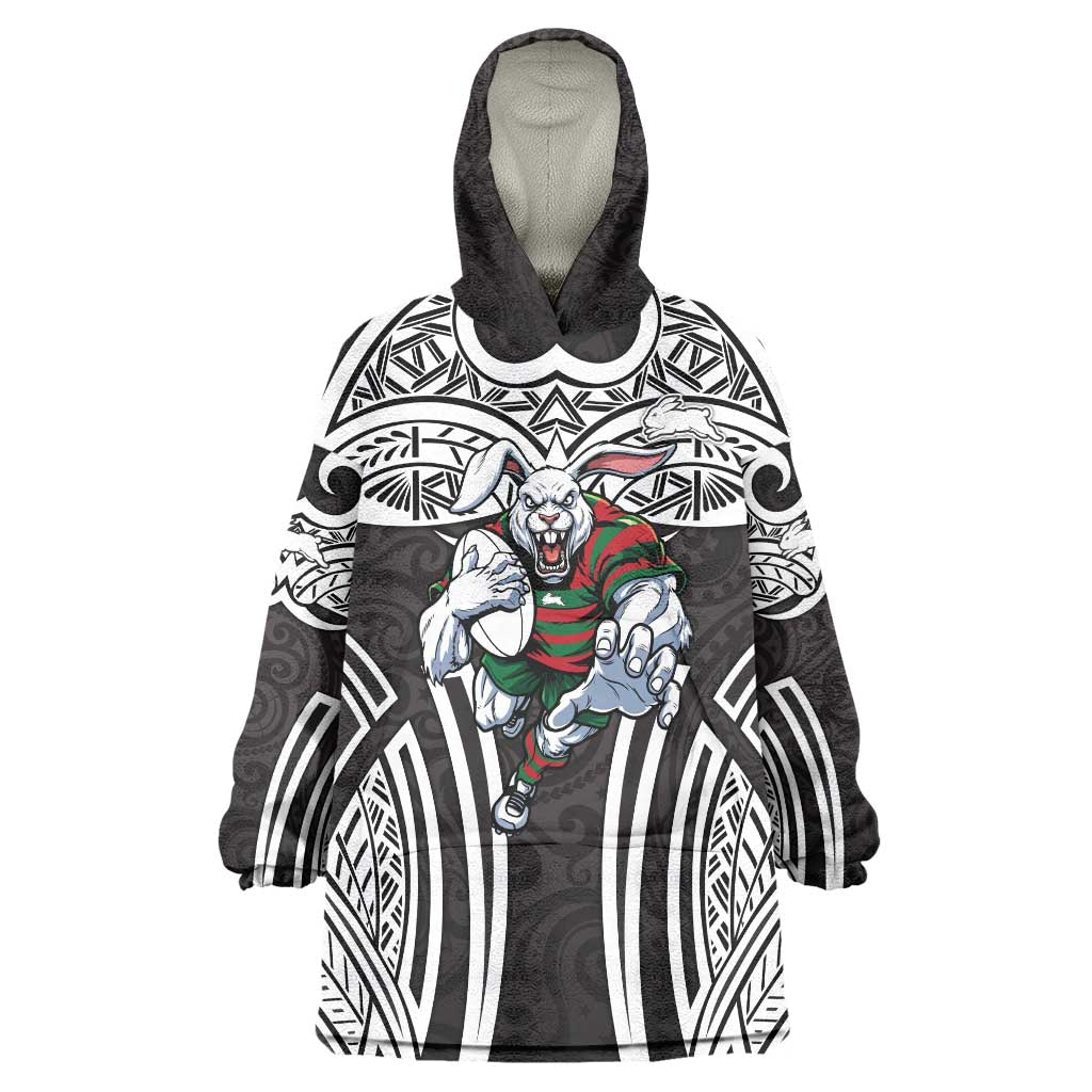 South Sydney Rabbitohs Rugby Wearable Blanket Hoodie Polynesian Tribal Rabbit Warrior Black White Pattern