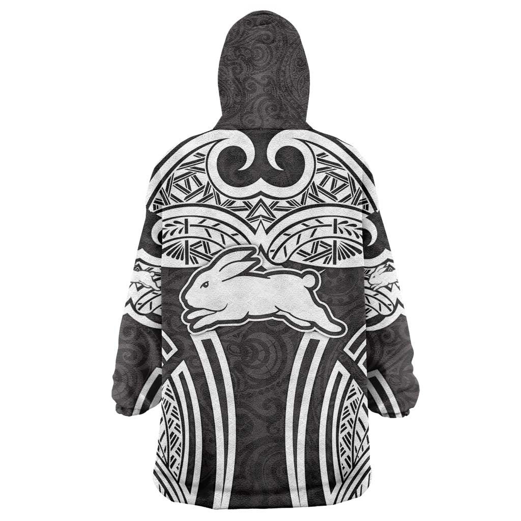 South Sydney Rabbitohs Rugby Wearable Blanket Hoodie Polynesian Tribal Rabbit Warrior Black White Pattern