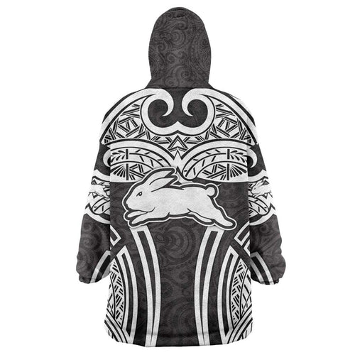 South Sydney Rabbitohs Rugby Wearable Blanket Hoodie Polynesian Tribal Rabbit Warrior Black White Pattern