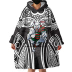 South Sydney Rabbitohs Rugby Wearable Blanket Hoodie Polynesian Tribal Rabbit Warrior Black White Pattern