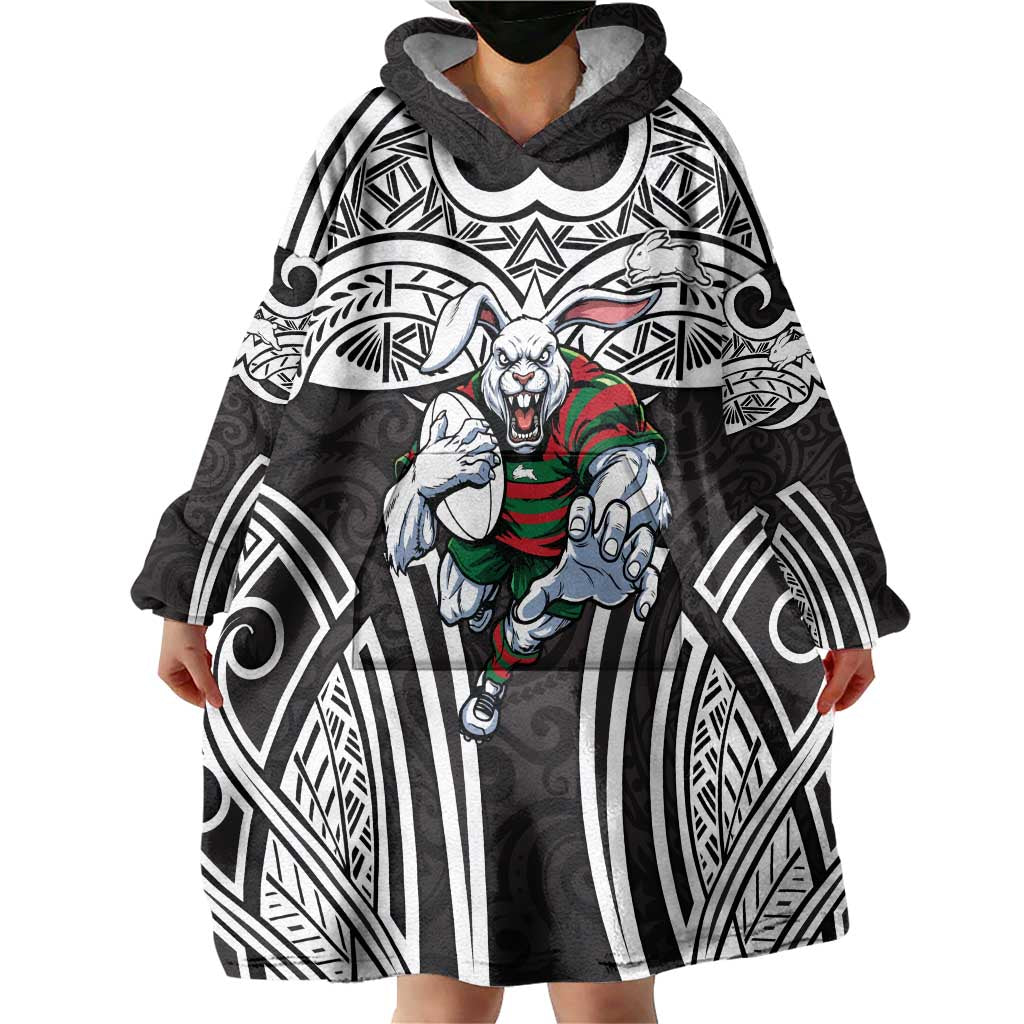 South Sydney Rabbitohs Rugby Wearable Blanket Hoodie Polynesian Tribal Rabbit Warrior Black White Pattern
