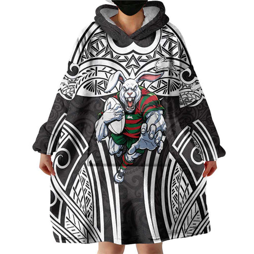 South Sydney Rabbitohs Rugby Wearable Blanket Hoodie Polynesian Tribal Rabbit Warrior Black White Pattern