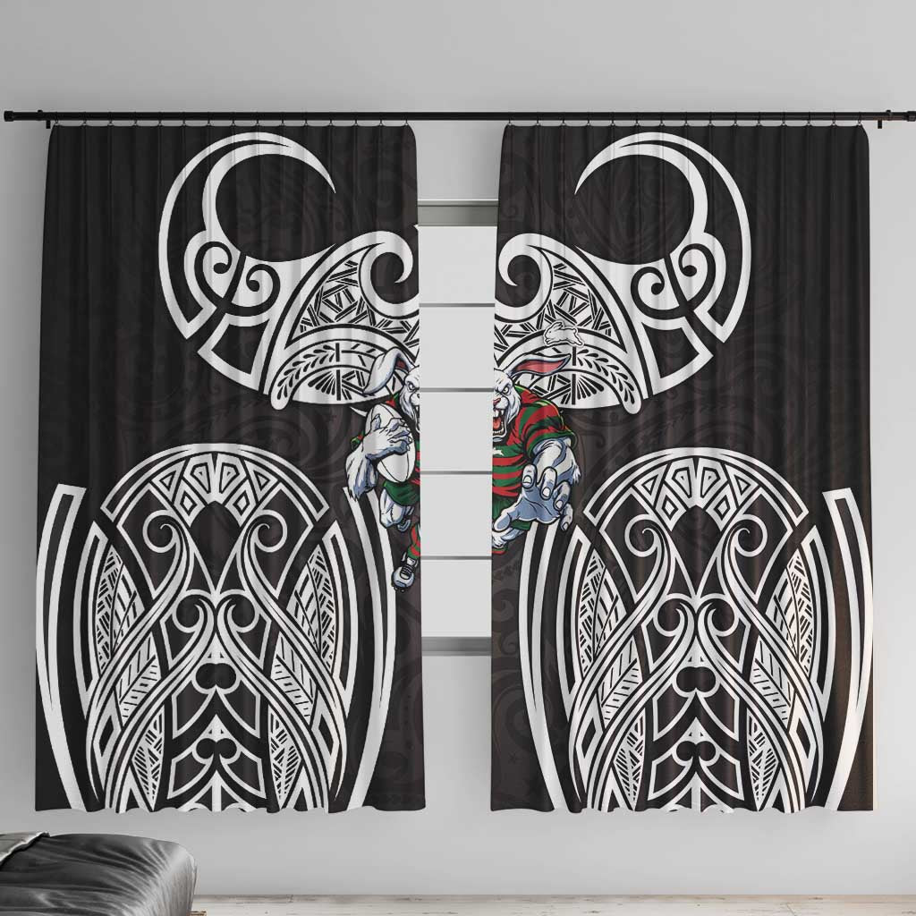 South Sydney Rabbitohs Rugby Window Curtain Polynesian Tribal Rabbit Warrior Black White Pattern
