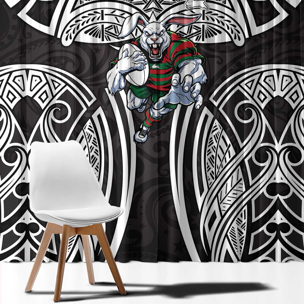South Sydney Rabbitohs Rugby Window Curtain Polynesian Tribal Rabbit Warrior Black White Pattern