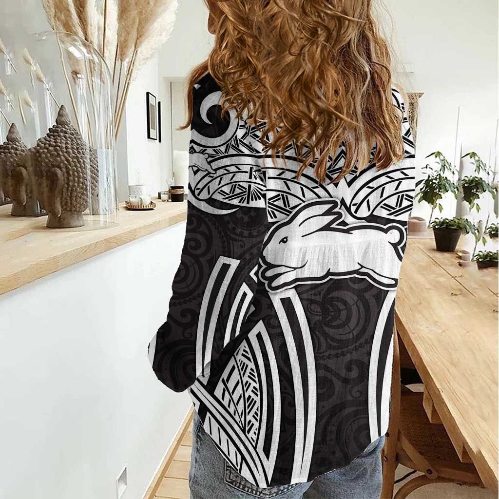 South Sydney Rabbitohs Rugby Women Casual Shirt Polynesian Tribal Rabbit Warrior Black White Pattern