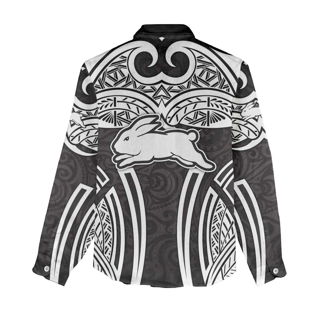 South Sydney Rabbitohs Rugby Women Casual Shirt Polynesian Tribal Rabbit Warrior Black White Pattern