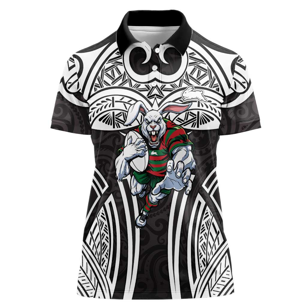 South Sydney Rabbitohs Rugby Women Polo Shirt Polynesian Tribal Rabbit Warrior Black White Pattern