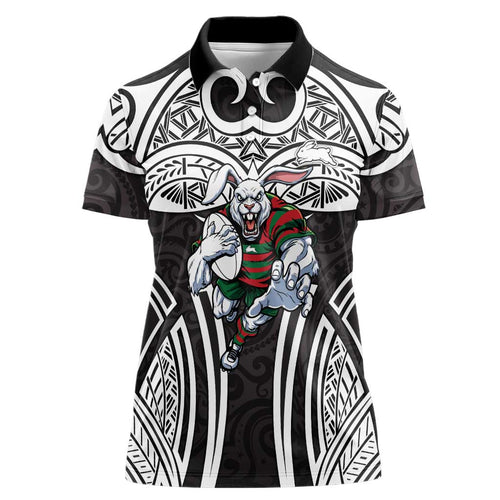 South Sydney Rabbitohs Rugby Women Polo Shirt Polynesian Tribal Rabbit Warrior Black White Pattern