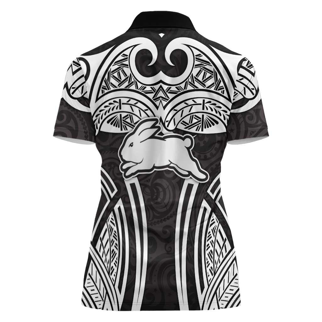 South Sydney Rabbitohs Rugby Women Polo Shirt Polynesian Tribal Rabbit Warrior Black White Pattern