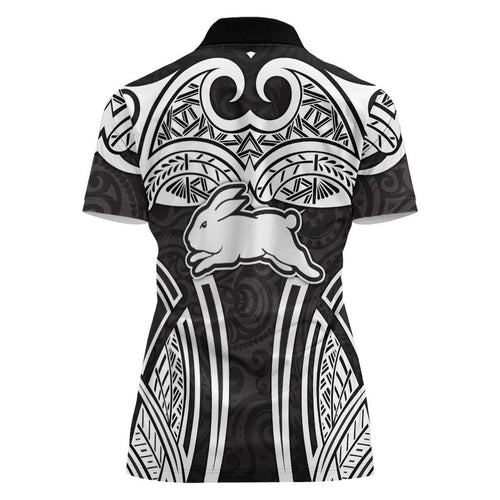 South Sydney Rabbitohs Rugby Women Polo Shirt Polynesian Tribal Rabbit Warrior Black White Pattern