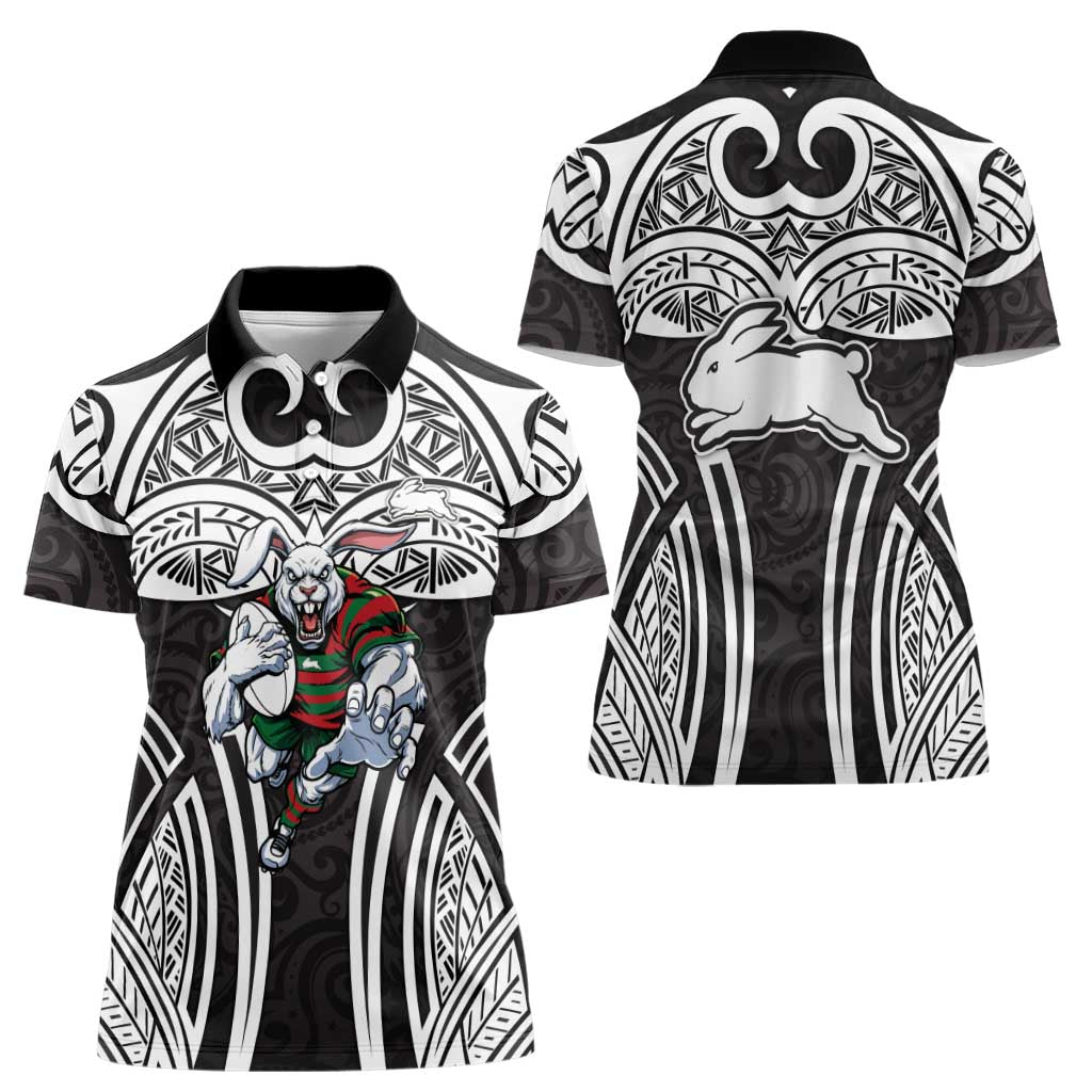 South Sydney Rabbitohs Rugby Women Polo Shirt Polynesian Tribal Rabbit Warrior Black White Pattern