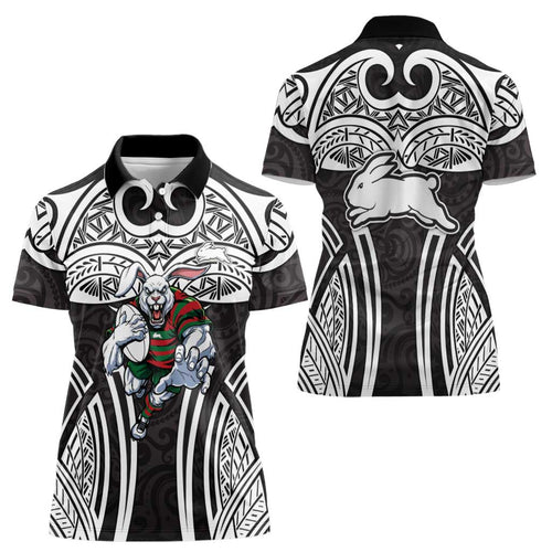 South Sydney Rabbitohs Rugby Women Polo Shirt Polynesian Tribal Rabbit Warrior Black White Pattern