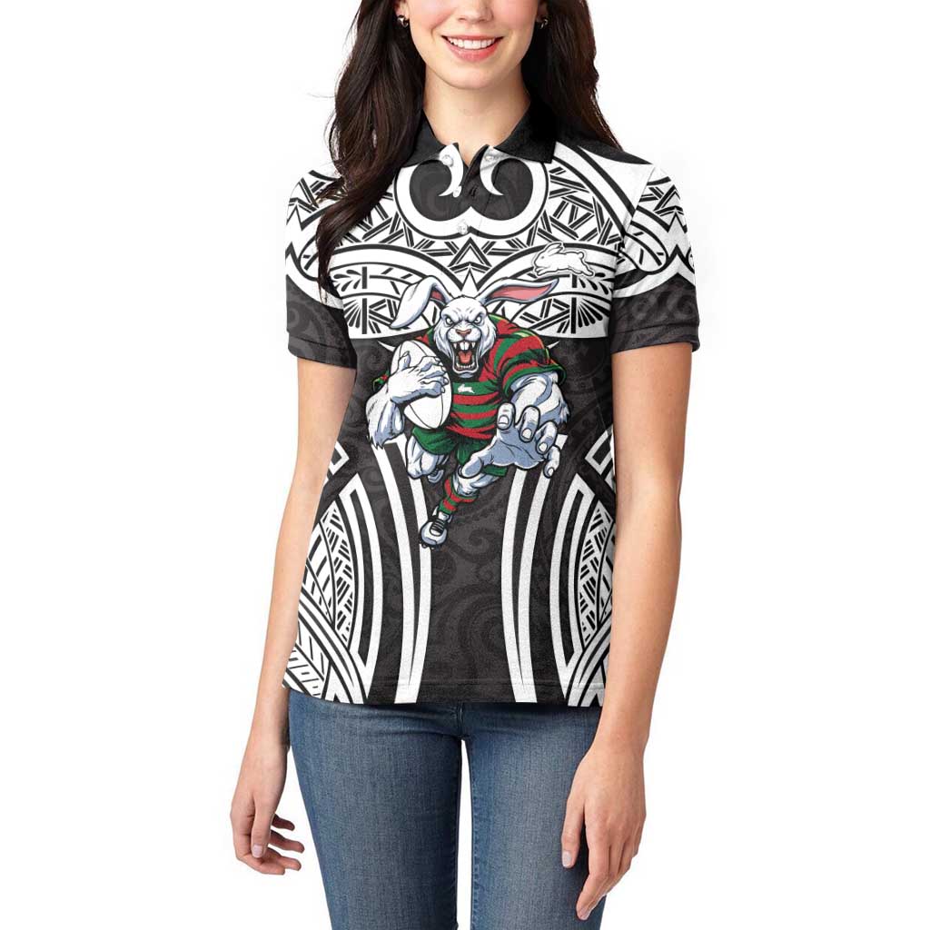 South Sydney Rabbitohs Rugby Women Polo Shirt Polynesian Tribal Rabbit Warrior Black White Pattern