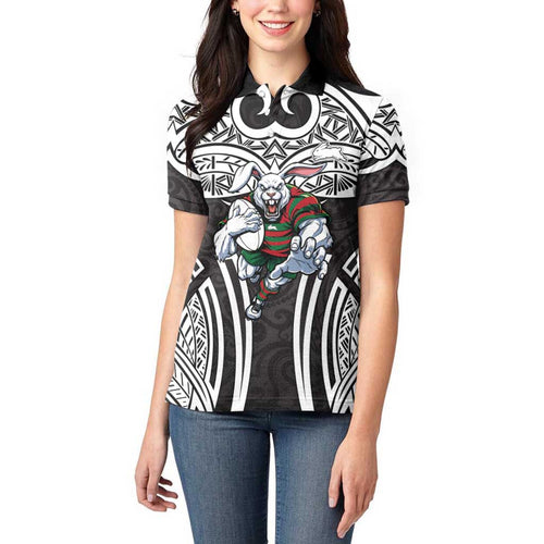 South Sydney Rabbitohs Rugby Women Polo Shirt Polynesian Tribal Rabbit Warrior Black White Pattern