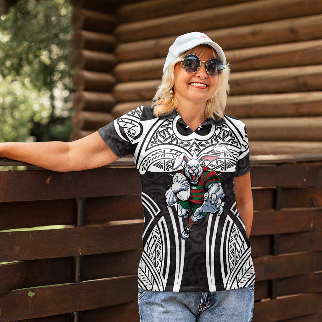 South Sydney Rabbitohs Rugby Women Polo Shirt Polynesian Tribal Rabbit Warrior Black White Pattern