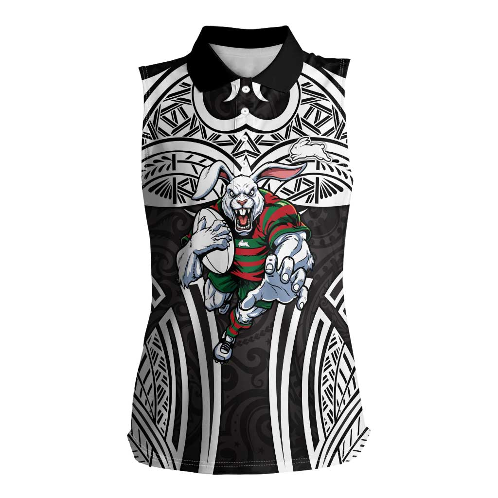 South Sydney Rabbitohs Rugby Women Sleeveless Polo Shirt Polynesian Tribal Rabbit Warrior Black White Pattern