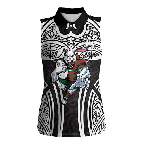 South Sydney Rabbitohs Rugby Women Sleeveless Polo Shirt Polynesian Tribal Rabbit Warrior Black White Pattern