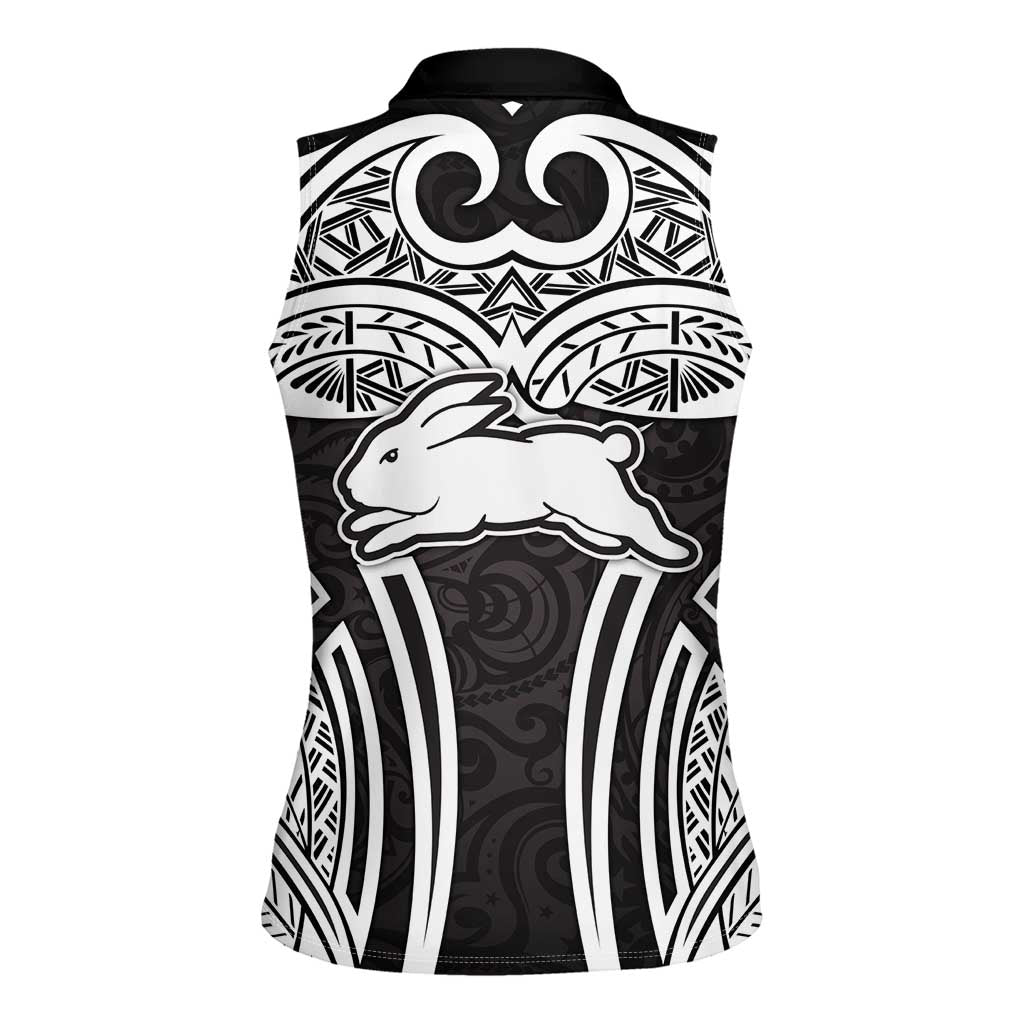 South Sydney Rabbitohs Rugby Women Sleeveless Polo Shirt Polynesian Tribal Rabbit Warrior Black White Pattern