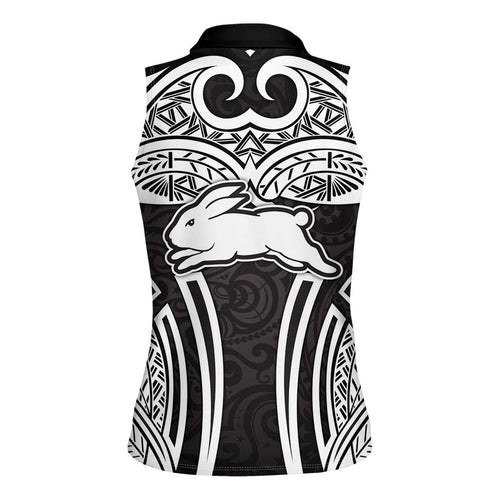 South Sydney Rabbitohs Rugby Women Sleeveless Polo Shirt Polynesian Tribal Rabbit Warrior Black White Pattern