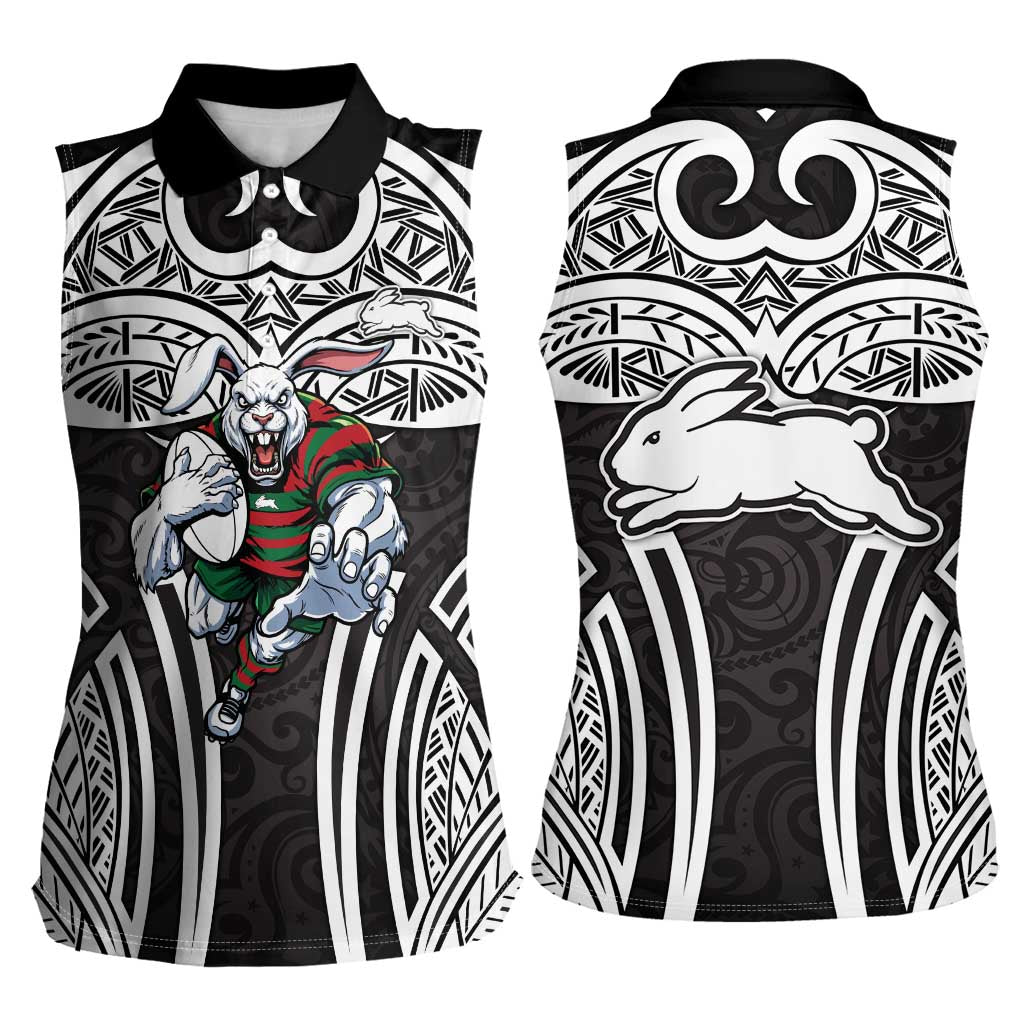 South Sydney Rabbitohs Rugby Women Sleeveless Polo Shirt Polynesian Tribal Rabbit Warrior Black White Pattern
