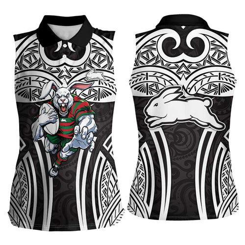 South Sydney Rabbitohs Rugby Women Sleeveless Polo Shirt Polynesian Tribal Rabbit Warrior Black White Pattern