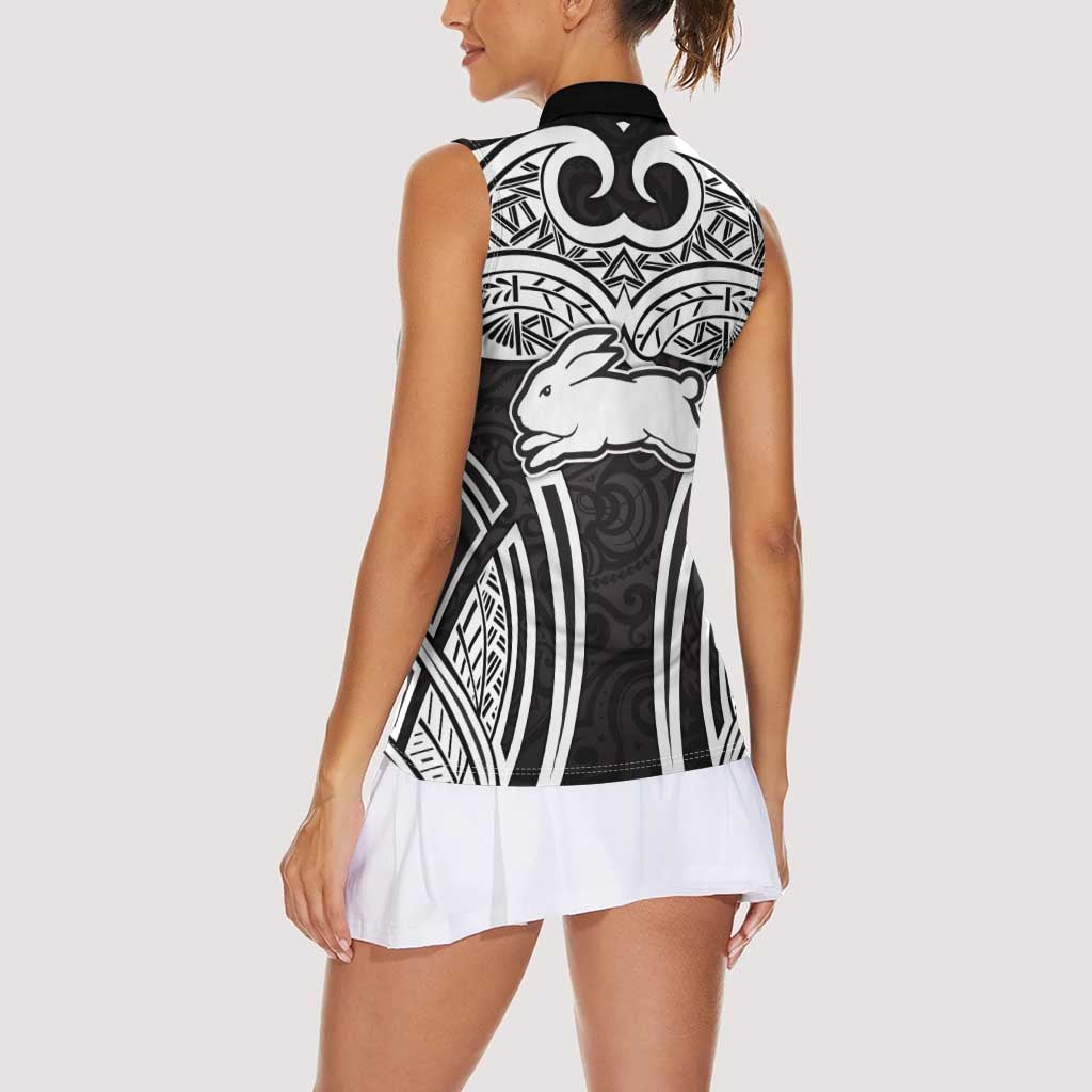 South Sydney Rabbitohs Rugby Women Sleeveless Polo Shirt Polynesian Tribal Rabbit Warrior Black White Pattern