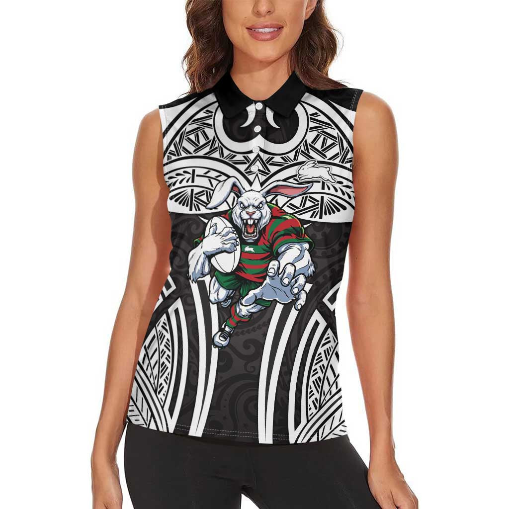 South Sydney Rabbitohs Rugby Women Sleeveless Polo Shirt Polynesian Tribal Rabbit Warrior Black White Pattern